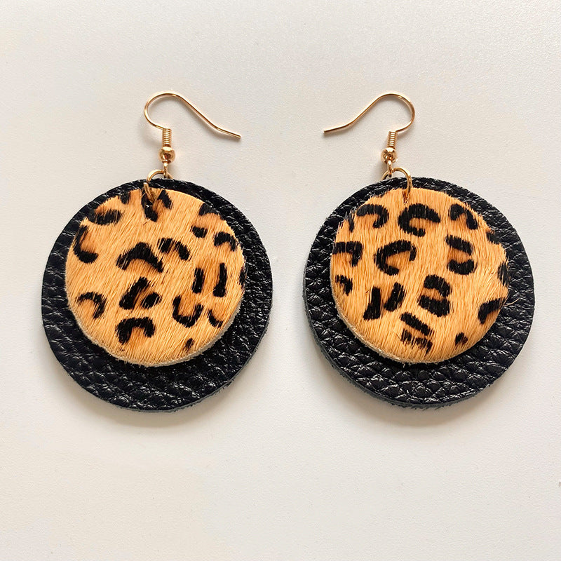 Wholesale 2pcs Cow Grain Leather Top Layer Cowhide Round Water Droplet Cow Head Retro Horsehair Quality Texture Fashionable Earrings